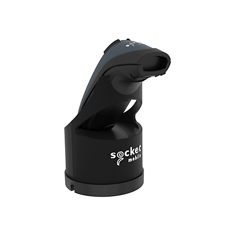 Schwarzer Scanner mit Sockel und abgewinkeltem Lesekopf. Logo 'socket mobile' auf der Seite.