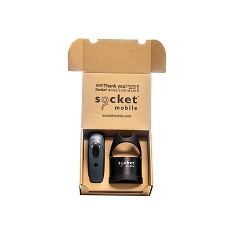 Dunkelgrauer Barcode-Scanner und Ladestation in brauner Box mit Thank you!-Schriftzug.