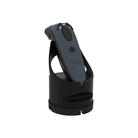 Ein grauer Barcode-Scanner mit schwarzer Basisstation. Darauf befindet sich ein An/Aus-Knopf und das Logo des Herstellers.