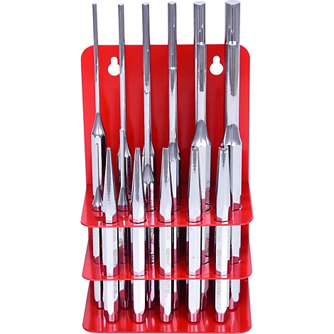 Set von Metallstiften in roter Halterung. Sie stehen nebeneinander, bereit für den Einsatz.