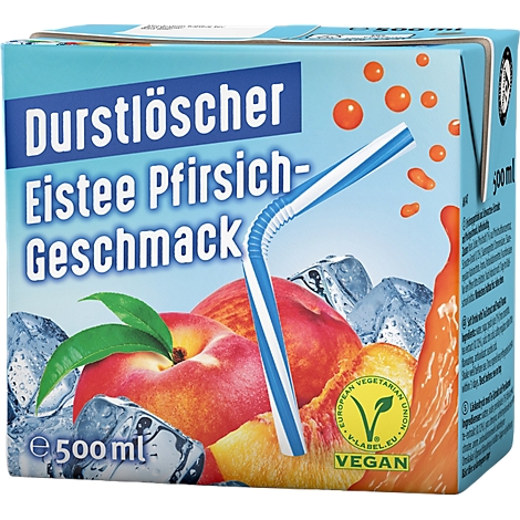 Durstlöscher Eistee Pfirsich 500ml Packung mit Pfirsich, Eiswürfeln und Trinkhalm.