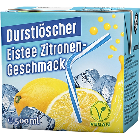 Durstlöscher Eistee Zitrone 500ml Packung mit Zitrone, Eiswürfeln und Strohhalm.