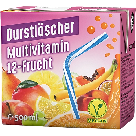 500ml Durstlöscher Multivitamin 12-Frucht Getränkekarton mit bunten Früchten und blauem Trinkhalm.