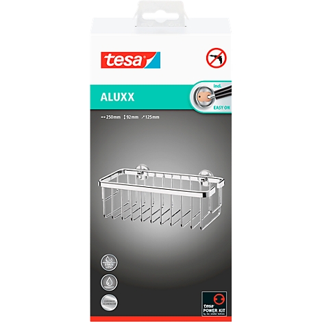 Verchromtes Drahtgestell, verpackt in einer Produktverpackung mit Tesa-Logo und Produktnamen ALUXX.