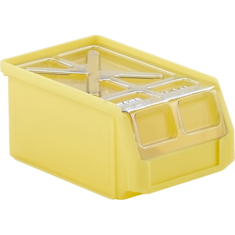 Yellow plastic box with silver dividers. Lid has a cross pattern. The box stands slightly tilted.