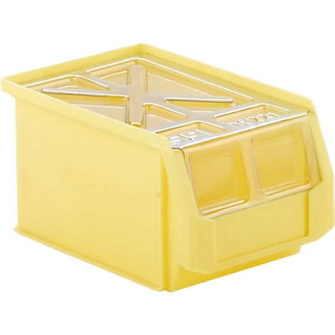 Yellow plastic box with multiple compartments. The box is slightly angled to better see the contents.