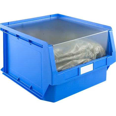Blue storage box, partially transparent, with contents.