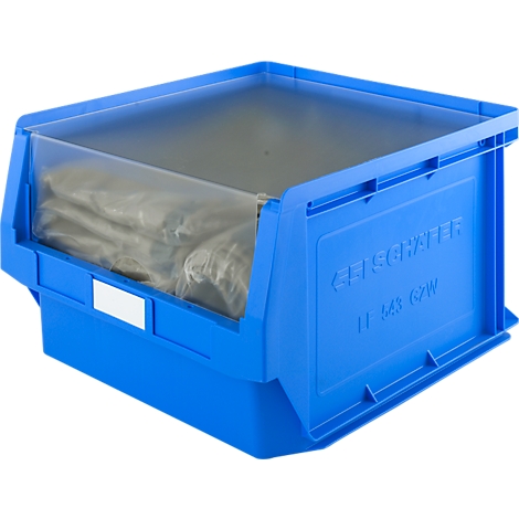Blue storage box with transparent flap, filled with packaged items. Inscription: "GEISOWATER".