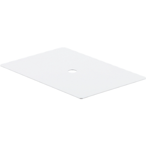 Rectangular, white plate with a round hole in the middle.