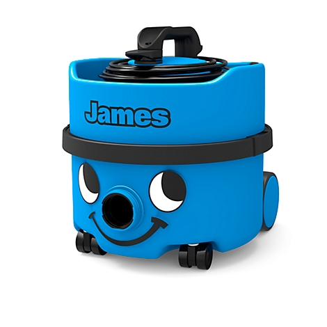 Blue "James" vacuum cleaner with a funny face and rollers.