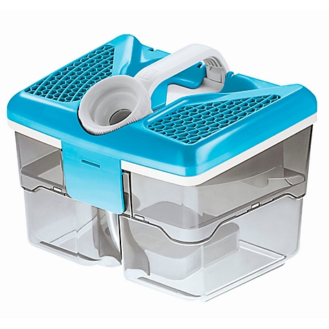Blue and transparent storage box with handle, vents, and funnel.