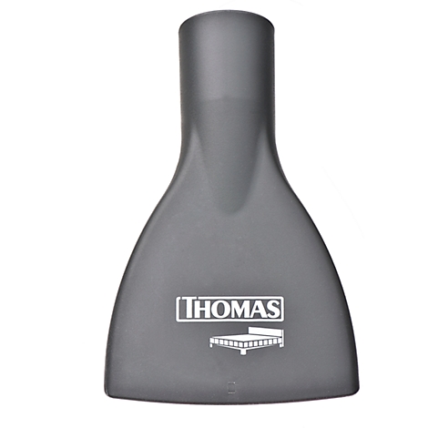 Dark grey nozzle with Thomas logo. Shape: broad, flat, with narrow neck. Surface smooth.