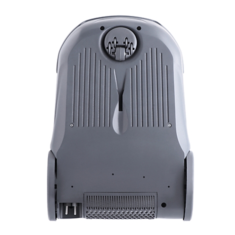 Gray robot vacuum cleaner, top view. Details: vents, wheels, connection.