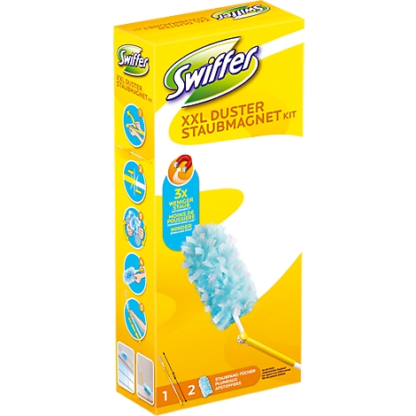 Yellow Swiffer box with product image and lettering. A blue and white duster protrudes from the box.