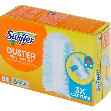 Swiffer Duster package, yellow-orange, with product image and text.