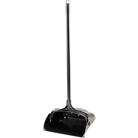 Black dustpan with long handle and hanging loop.