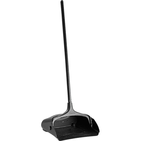 Black dustpan with long handle, isolated against a white background.