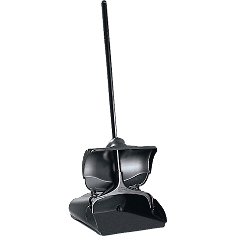 Black cleaning set: dustpan and broom with a long handle.