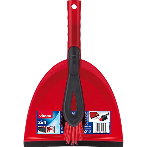 Red dustpan with red brush, black brush, product description. Vileda.
