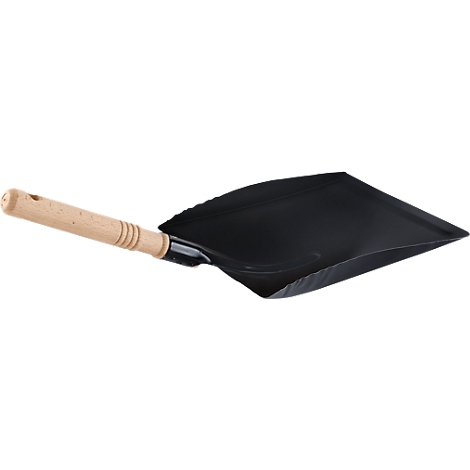 Black dustpan with wooden handle, angled from top left.