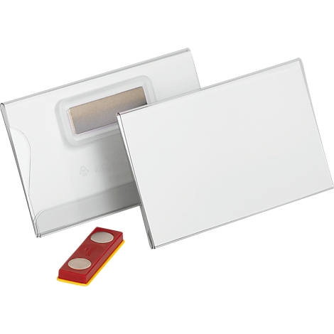 Twee witte, rechthoekige mappen met zilveren randen en een rode, rechthoekige magneet.