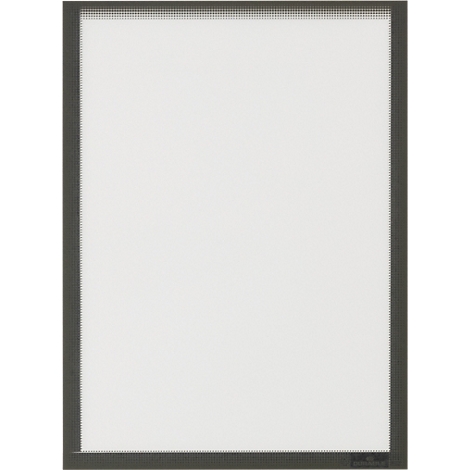 Een rechthoekig raamkozijn met hor, donkergrijs, in detail. Kleine logo's zijn rechtsonder zichtbaar.
