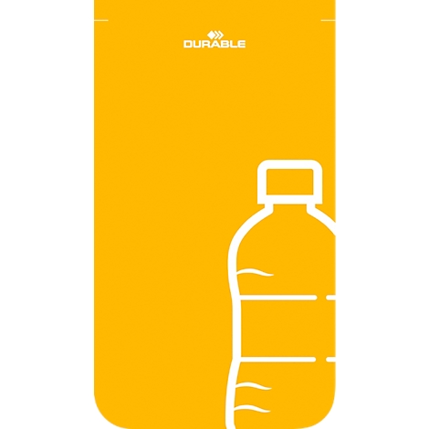 Grijze vuilnisbak met gele deksel en gele sticker met fles symbool.