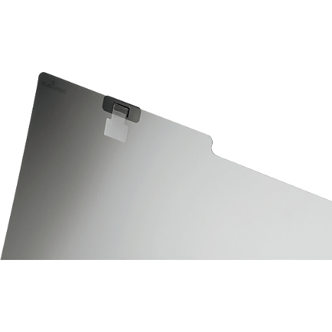 Een grijze laptop privacy screen filter, gedeeltelijk transparant, gedeeltelijk ondoorzichtig, met een houder.