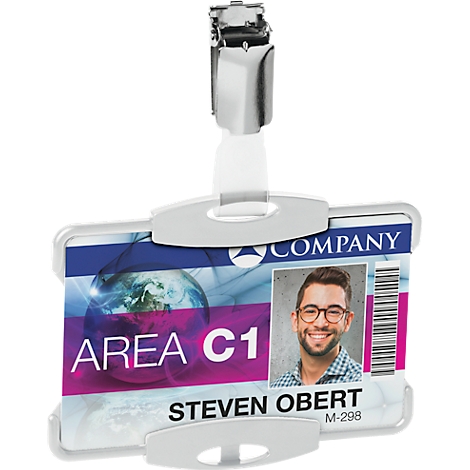 Identiteitskaart met foto en bedrijfslogo. De houder is gemaakt van metaal en plastic.