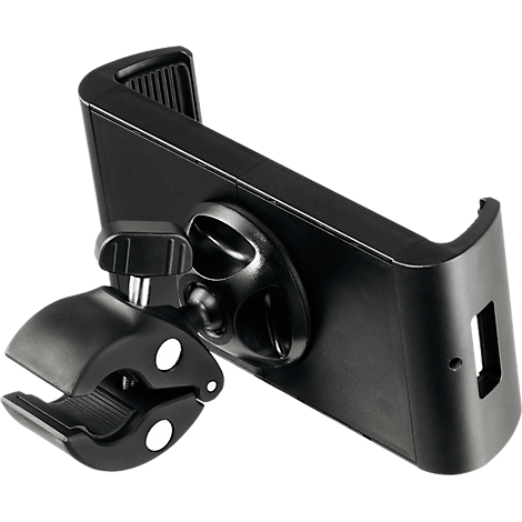 Zwarte plastic smartphonehouder. De houder heeft een klem en een draaimechanisme.