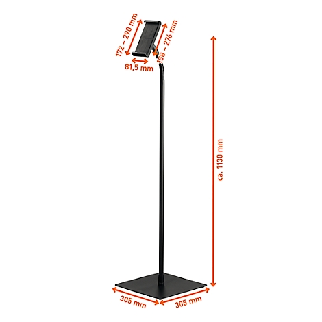 Zwarte tabletstandaard met vierkante basis en flexibele houder, afmetingen aangegeven.