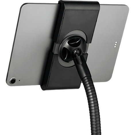 Een tablet in een houder. De houder en flexibele arm zijn zwart. De tablet heeft een zilveren frame.
