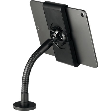Een tablet wordt vastgehouden door een zwarte flexibele houder. De houder heeft een ronde voet en een verstelbare zwanenhals.