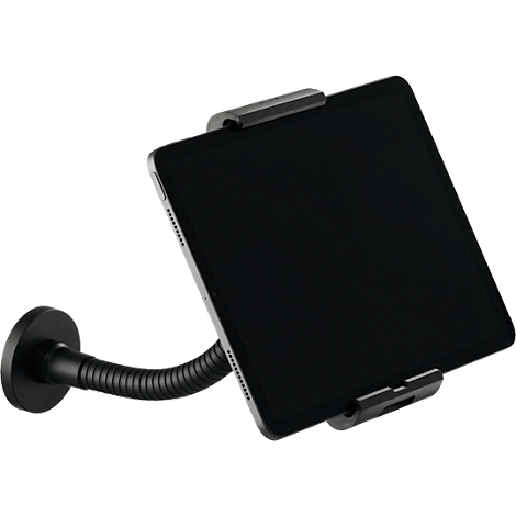 Zwarte tablethouder aan de muur. Tablet in houder, flexibele arm, ronde wandmontage.