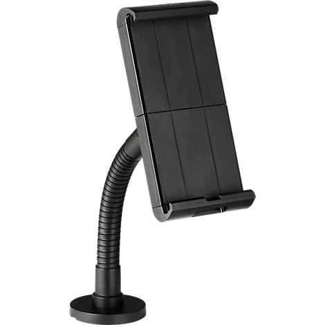 Zwarte tablet houder, flexibel. Ronde basis, golvende arm, rechthoekige tablethouder.