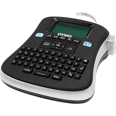 Zwart Dymo LabelManager labelprinter met QWERTZ-toetsenbord, LCD-scherm en witte labelstrip.