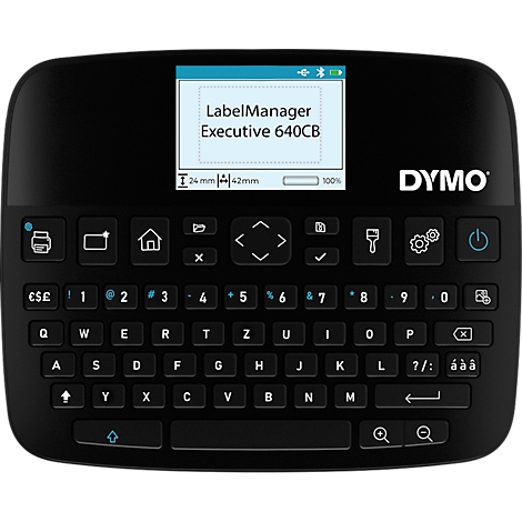 Schwarzes Beschriftungsgerät mit Bildschirm und Tastatur. Auf dem Display steht LabelManager Executive 640CB. Das DYMO-Logo ist sichtbar.