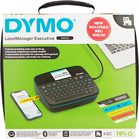 DYMO LabelManager Executive, Etikettendrucker mit Handy und Etiketten. Aufschrift: New.