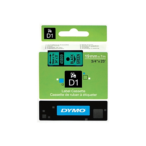Grüne Dymo D1 Etikettenkassette, 19mm x 7m, schwarzer Druck auf grünem Band.