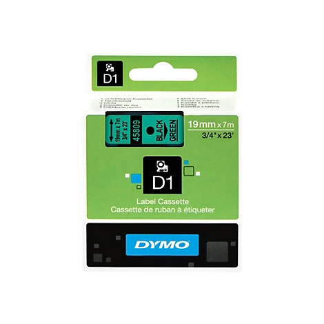 Grüne Dymo D1 Etikettenkassette mit schwarzem Schriftband, 19 mm x 7 m.