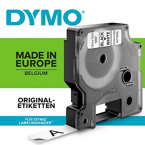 DYMO label tape with the letter "A". Prints: "Made in Europe, Belgium", "Original Labels" and technical data.