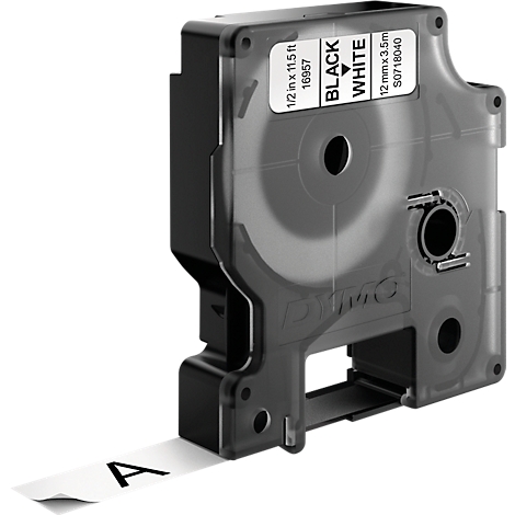 Dymo label maker with a black case and a white label showing the letter A. The label roll is partly transparent.
