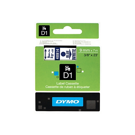 Grüne Dymo D1 Schriftband-Kassette, 9 mm breit, blaue Schrift auf weißem Band.