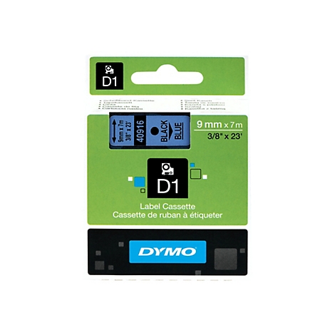 Dymo D1 Schriftband-Kassette, schwarz auf blau, 9 mm x 7 m, in grüner Verpackung.