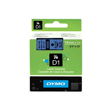 Dymo D1 Schriftbandkassette in grüner Verpackung, 19mm breit, schwarze Schrift auf blauem Band.