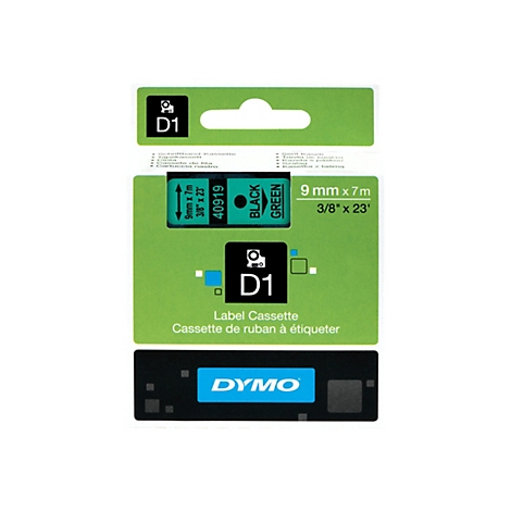 DYMO D1 Etikettenkassette mit grünem Band, 9mm x 7m, in Originalverpackung auf weißem Hintergrund.