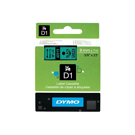 DYMO D1 Etikettenkassette, 9 mm x 7 m, schwarzer Text auf grünem Band, in Originalverpackung.
