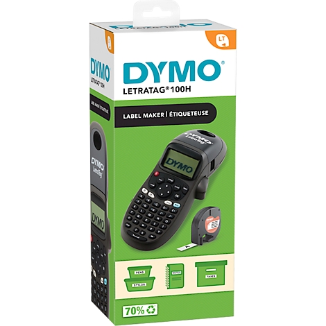 Dymo Letratag 100H labelmaker, zwarte behuizing, toetsenbord, groene verpakking, tekst en accessoires.