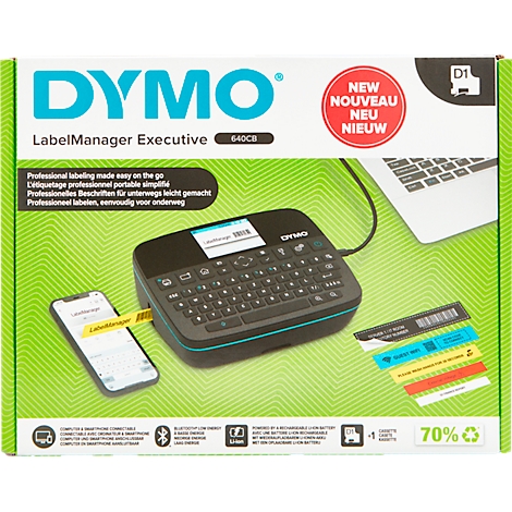 DYMO LabelManager Executive avec clavier, smartphone connecté et ordinateur portable. Lettrage imprimé.