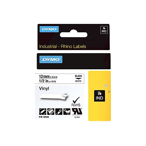 DYMO Rhino Industrieband, 12 mm breit, weißes Vinylband auf schwarzem Grund, Originalverpackung mit Produktinfos.